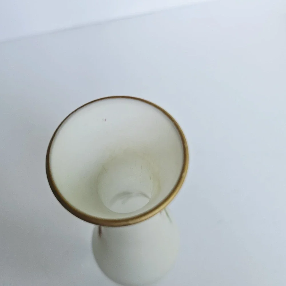 Vintage Frosted Satin Glass‎ Bud Vase Hand Painted Floral Gold Rim Decor 10.5in
